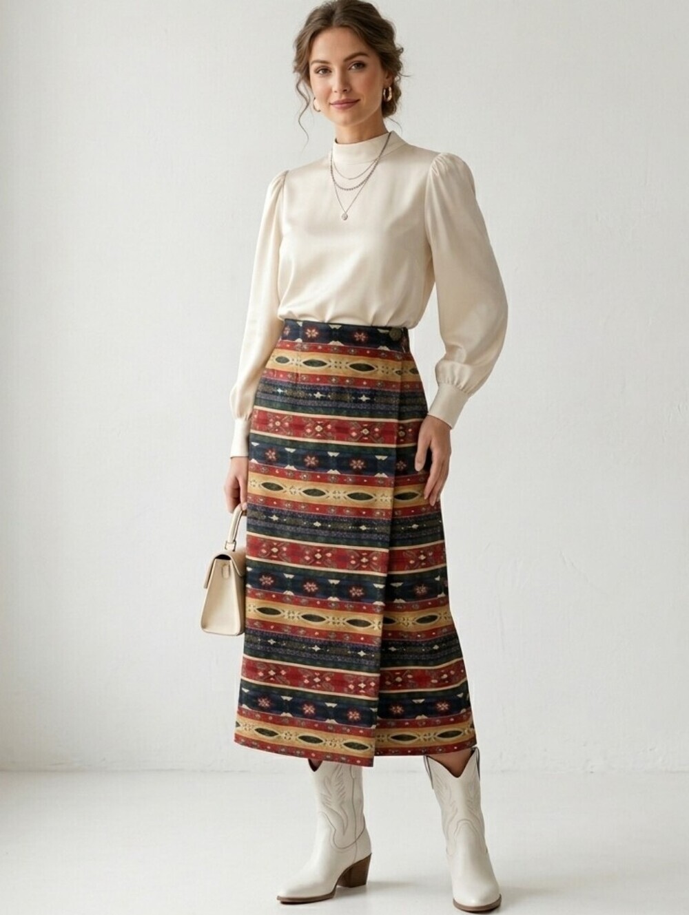 Vintage Susan Bristol 100%Cotton Wrap Slit Long Skirt Sz.6 SouthWestern Aztec